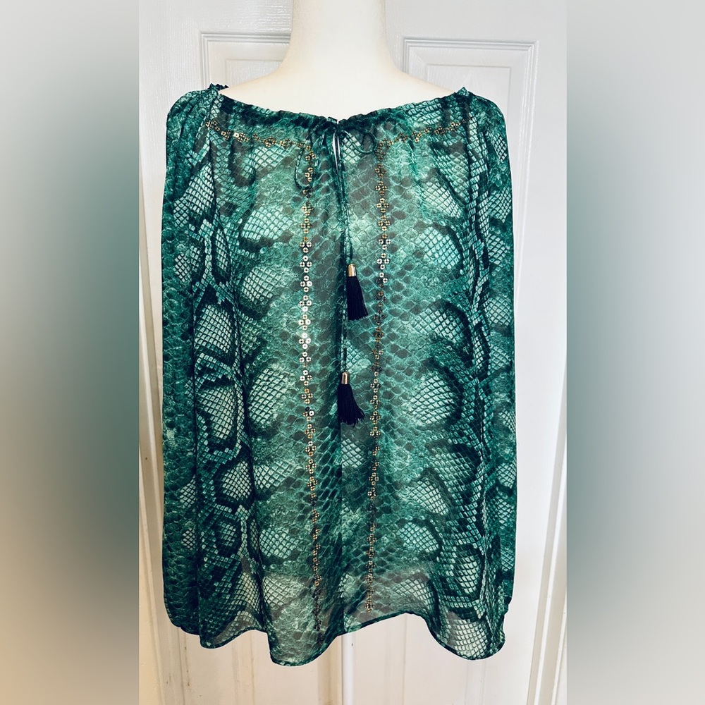Altuzarra For Target Blouse Green Snake Print Gold Sequin Front Sz Small Petite